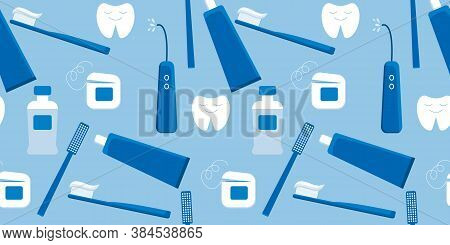 Seamless Pattern With Teeth Hygiene Items: Toothbrush, Toothpaste, Floss, Oral Flosser And Mouthwash