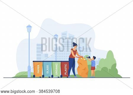 Woman And Kid Sorting Garbage. People Holding Trash Bag Near Different Bins Flat Vector Illustration