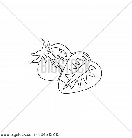 Single One Line Drawing Sliced Healthy Organic Strawberry For Orchard Logo Identity. Fresh Berry Fru