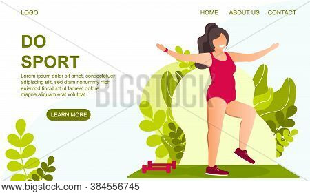Healthy Lifestyle Concept. Plump Girl Doing Sports Exercises Outdoors. Web Page Template. Flar Vecto