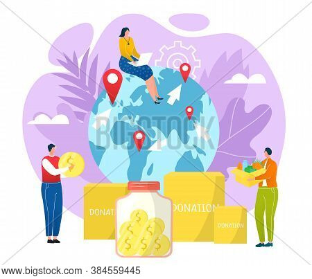 Goodwill Concept, Charity And Donation Vector Illustration. People Carrying Money, Donation Boxes Fi
