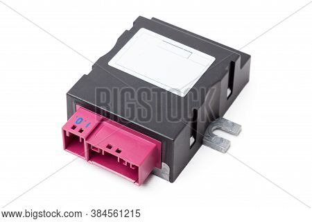 A Spare Part For A Plastic Car Engine Control Unit In Black With Red Elements On A White Isolated Ba