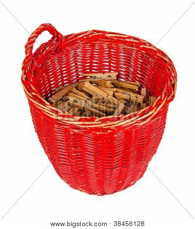 Very Old Red Basket With Wooden Clothespins