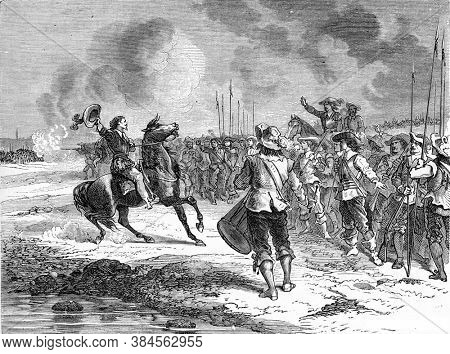 Mazarin arresting the two armies, Vintage engraving. From Popular France, 1869.