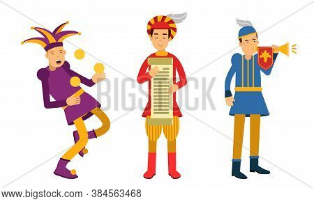Medieval People Characters With Herald And Jester Vector Illustration Set