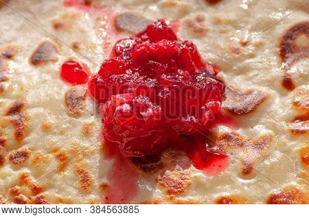 Close-up Pancake With Cranberry Jam