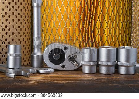 Close-up, Metal Attachments, Heads For Unscrewing Bolts And Nuts, There Is A Place For The Inscripti