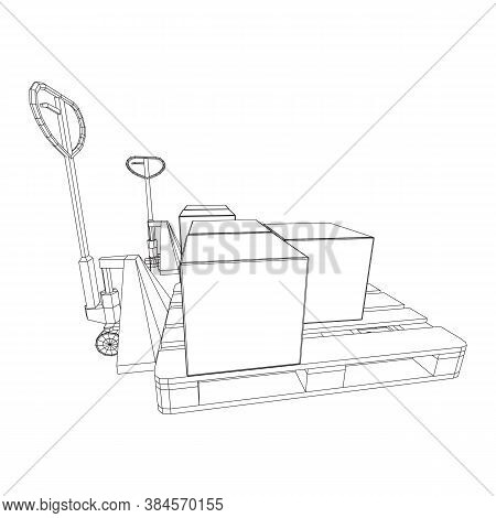 Hand Pallet Jack Lift With Pallet And Stacked Goods Cardboard Boxes. Manual Forklift. Logistics Ship