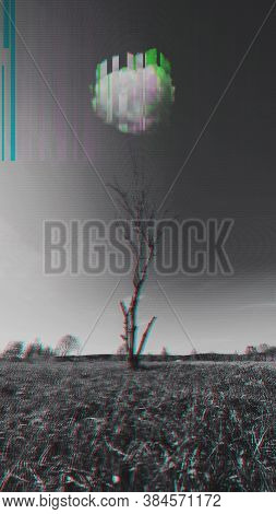 Dry Tree Without Leaves With White Cloud In Green Meadow. Glitch Effect. Problems Of Ecology, Enviro