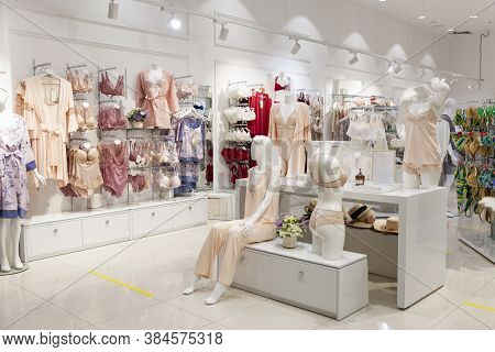 Ingerie Store Interior. Delicate Romantic Collection. Moscow, Russia, 08/28/2020.