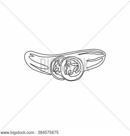 One Single Line Drawing Whole And Sliced Healthy Organic Cucumber For Orchard Logo Identity. Fresh V