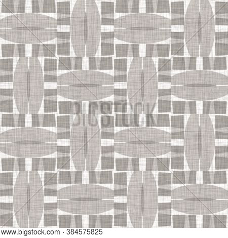 French Woven Linen Texture Geometric Shape Background. Old Ecru Flax Grey Geo Motif Seamless Pattern