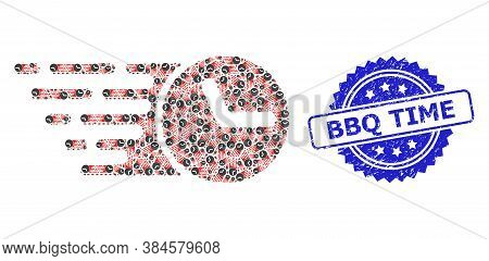 Bbq Time Dirty Stamp And Vector Recursive Composition Clock. Blue Stamp Seal Includes Bbq Time Text 