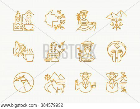 Colombia Coffee Single Origin Line Icon Design With Woman Pick Fruits,lama Eat Coffee Fruits,uncle W