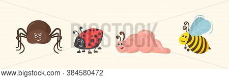 Cute Cartoon Bug Worm Funny Doodle Character In Flat Design. Set Of Kawaii Insect Isolated On White 