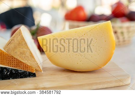 Cheese Collection, French Fol Epi  Cheese With Many Little Holes, Etorki, Tomme Noire Des Pyrenees A