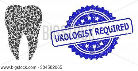 Urologist Required Corroded Seal Imitation And Vector Fractal Collage Dental Tooth. Blue Stamp Seal 