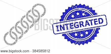 Integrated Scratched Stamp Seal And Vector Fractal Collage Circle Chain. Blue Stamp Seal Has Integra