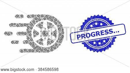 Progress... Textured Stamp Seal And Vector Fractal Composition Car Wheel. Blue Stamp Seal Has Progre
