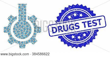 Drugs Test Grunge Stamp Seal And Vector Recursive Collage Chemical Industry. Blue Stamp Seal Has Dru
