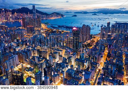 Mong Kok, Hong Kong 26 July 2020: Top view of Hong Kong city night