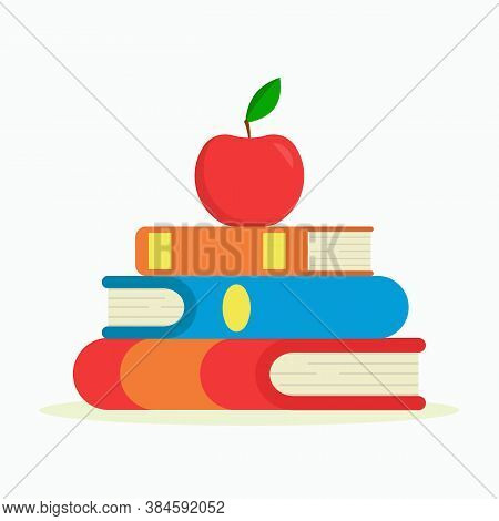 Flat Vector Illustration: Stack Of Books And An Apple. The Concept Of Learning.