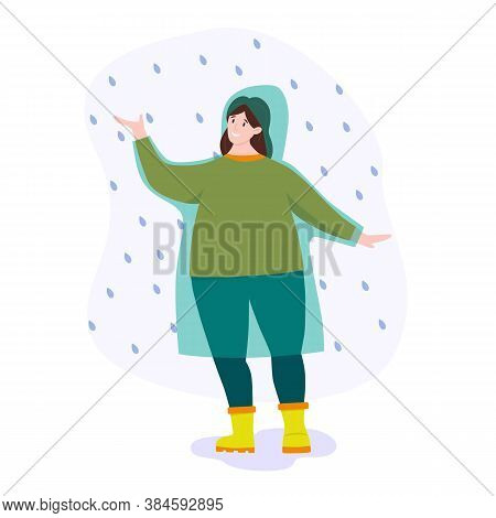 Vector Illustration: Woman In Raincoat In The Rain. Walking In The Rain.