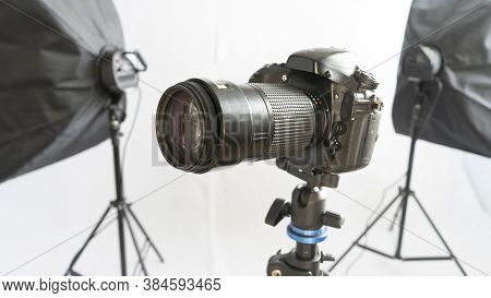 Dslr Camera On Tripod Wirt Two Soft Box. Studio Set For Shooting