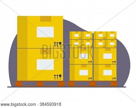 Flat Vector Illustration: Wooden Pallet With Cardboard Boxes. Goods Are Packaged For Storage Or Deli