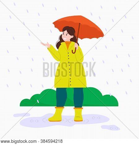 Vector Illustration: Woman Walks In The Rain In Yellow Raincoat. Woman With Umbrella.