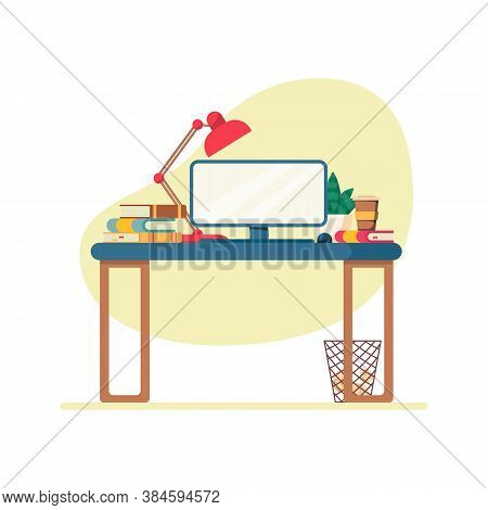 Flat Vector Illustration: Work Desk Of Freelance, Student Or Office Worker. Work Desk With Computer,