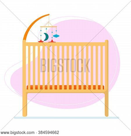 Flat Vector Illustration: Baby Cot For A Girl. Illustration For Postcards, Site.