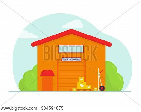 Flat Vector Illustration: Warehouse Building. Industrial Construction And Storage Factory.