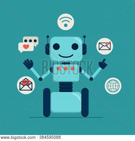 Flat Vector Illustration: Chatbot Concept On Blue Background. The Bot Answers User Questions.