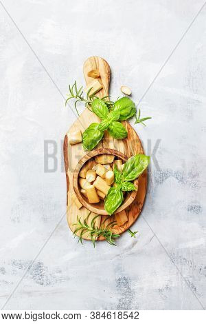 Traditional Smoked Chechil Cheese In Bowl And Cutting Board, Top View