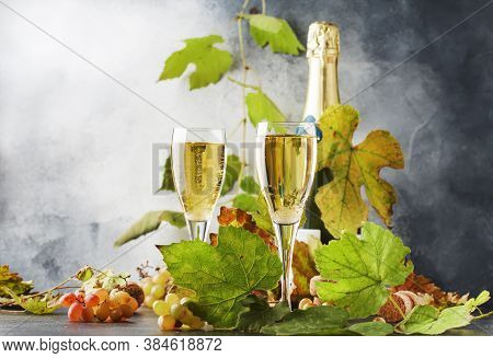 Champagne Wine In Glass Background. Autumn Still Life, Wine Tasting Table Setting Concept