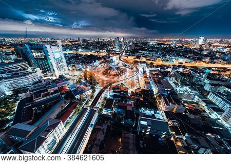 Bangkok, Thailand - Sep 7, 2020: Cityscape View Of Car Traffic Transportation At The Victory Monumen