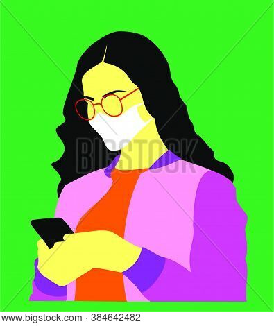 Young Woman With Protective Mask On Face Looking At Her Cellphone