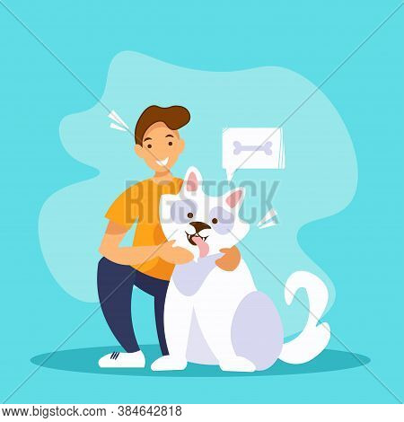 Young Man Hugging A White Dog. Friendship Concept. Caring For A Four-footed Friend. Vector Illustrat