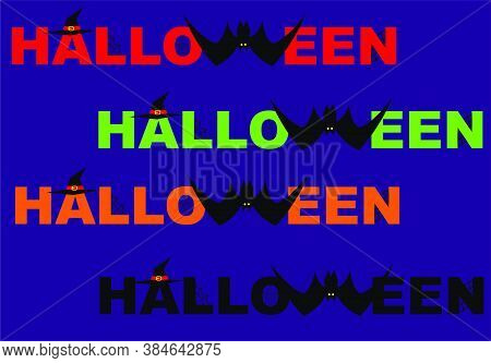 Happy Halloween Set Text With Bat, Hat, And Spider Web