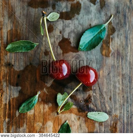 Ripe Cherries On A Wooden Windowsill. Cottagecore Aesthetics. Rustic, Vintage Style Juicy Summer Con