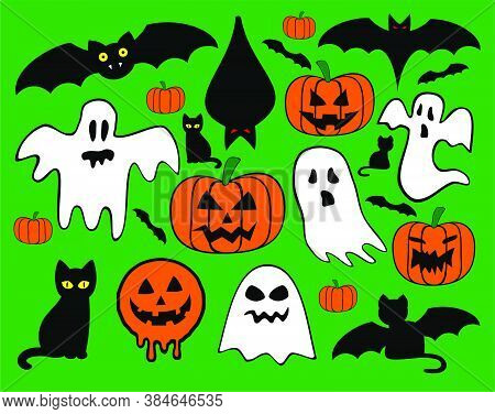 Set Halloween Icons Bats, Pumpkins, Ghosts And Cats Full Collor
