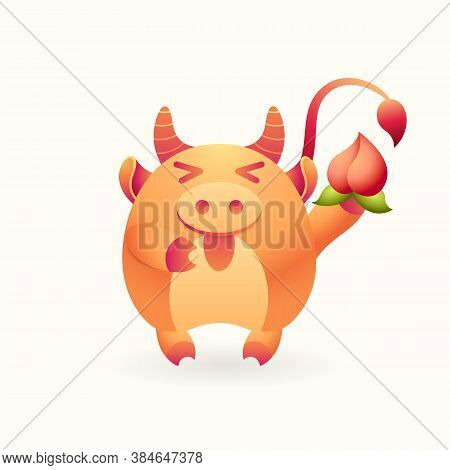 Cute Wealth Bull, Cheerful Ox Hold Prosperity Peach On Isolated Background. Lunar Symbol Of Year Ble