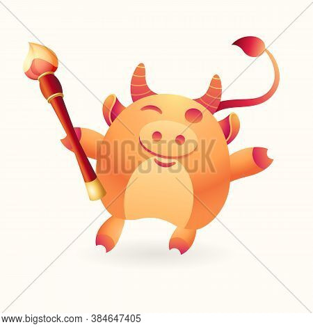 Cute Wealth Bull, Cheerful Ox Hold Calligraphy Brush On Isolated Background. Lunar Symbol Of Year Bl