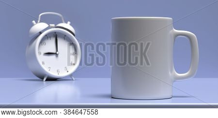 Coffee Mug And Alarm Clock On Blue Background. Hot Beverage Cup Mockup Template. 3D Illustration