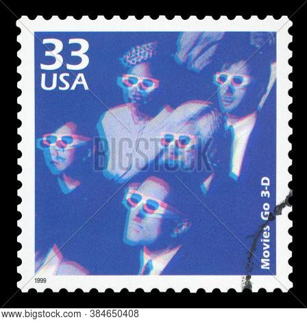 United States Of America, Circa 1999: A Postage Stamp Printed In Usa Showing An Image Of People Watc