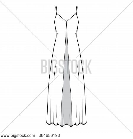 Camisole Technical Fashion Illustration With Deep V-neck, Front Button Fastening, Maxi Ancle Length,