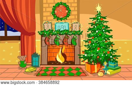 Vector Illustration. New Year S Room With A Fireplace, Christmas Tree, Gifts, Snow Outside, Warm And