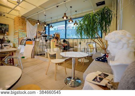Gangseo,south Korea-august 2019: Rustic Wooden Interior Of A Cafe. Homey Modern Cafe Decorations