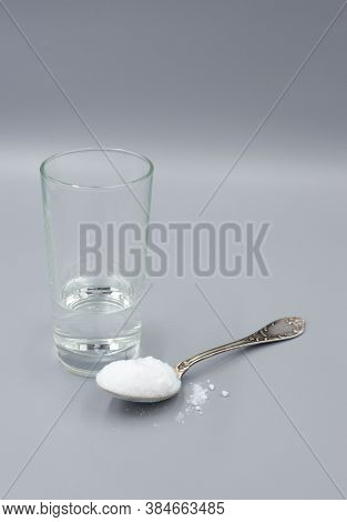 Transparent Glass Glass With Water And White Sorbent Powder For Treatment, Ingestion For Poisoning, 